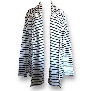 LL Bean Womens Flyaway Cardigan Sz M Blue White Stripe Preppy Coastal Nautical